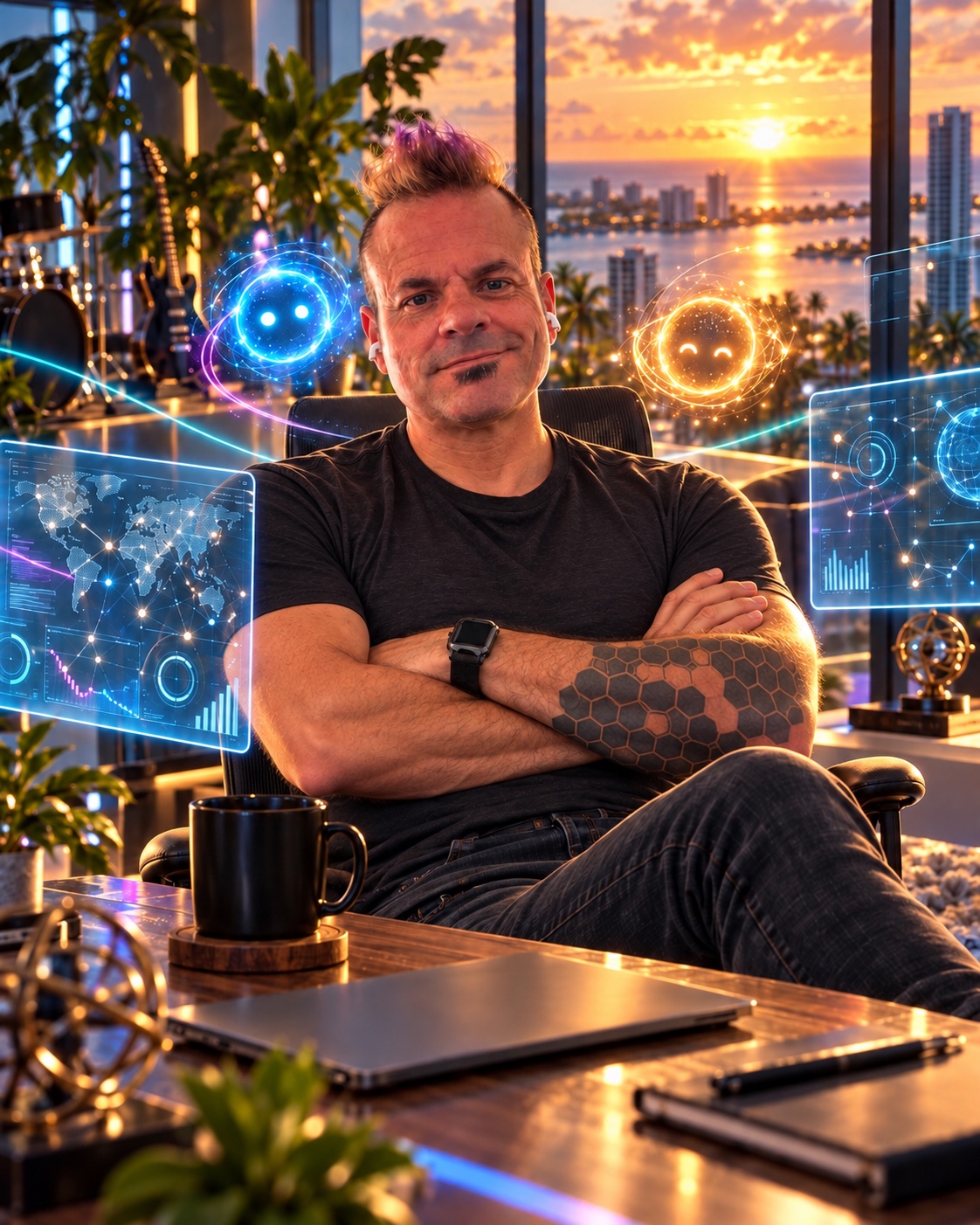 Playful AI portrait of Sean Wallbridge with his arms crossed in a futuristic workspace with musical instruments and glowing digital assistants
